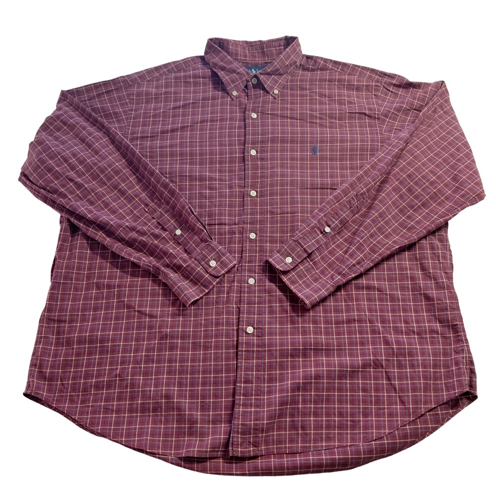 Ralph Lauren Classic Fit Plaid Button Down Shirt Burgundy Blue XXL Long Sleeve